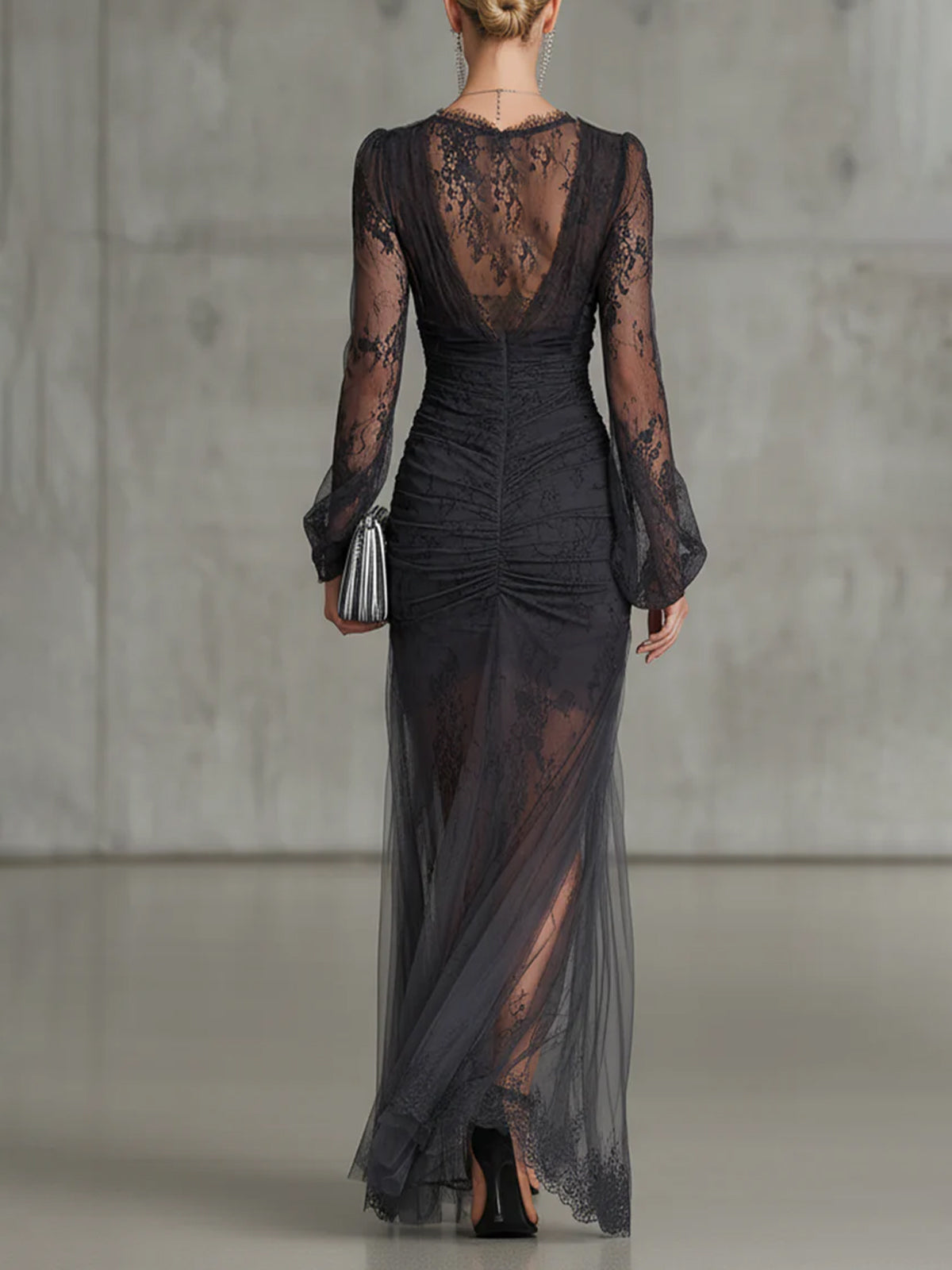 Quintina | Long Black V-Neck Slit Dress