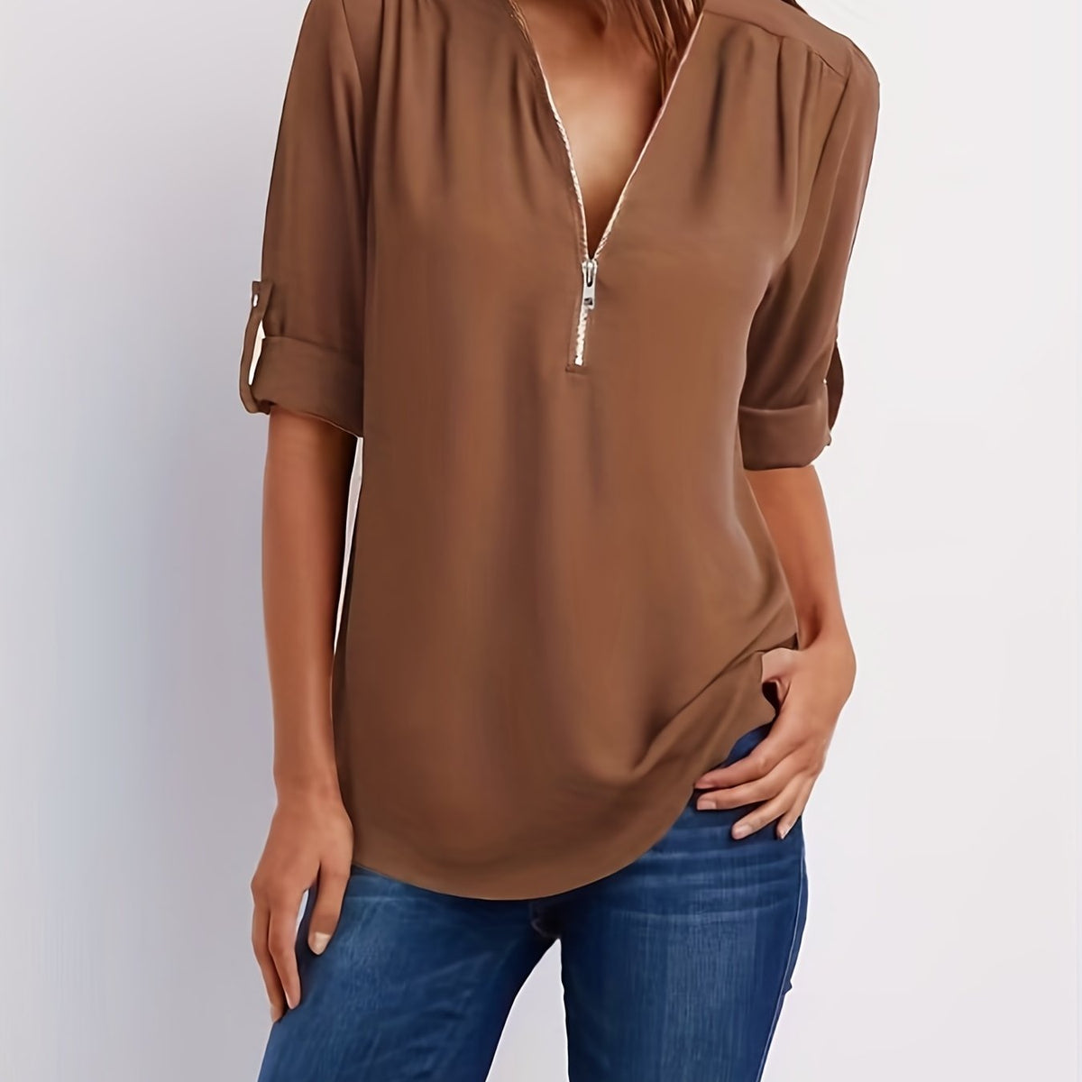 Ariana | Zip-Front V-Neck Blouse