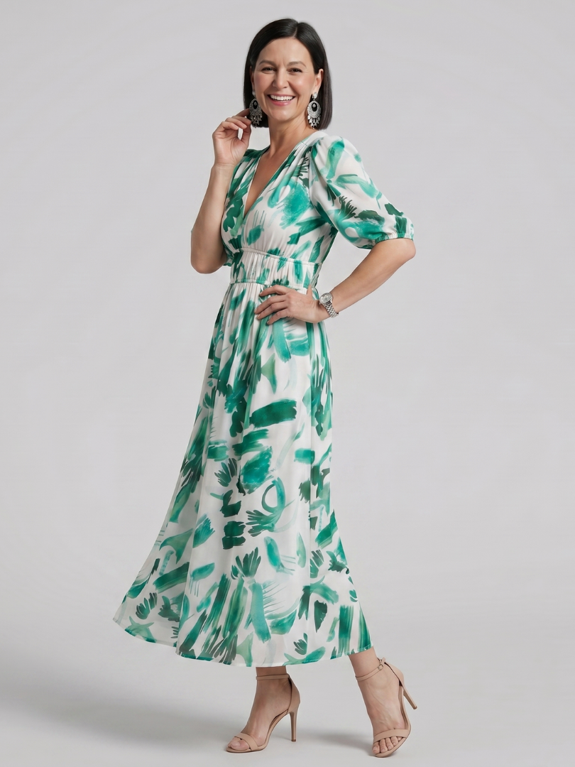 Dawn | Puff Sleeve Abstract Print Midi Dress