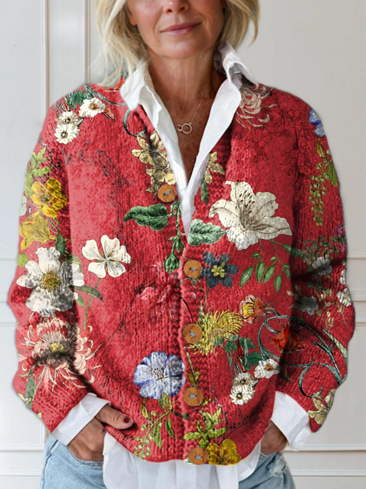 Imane | Red Floral Knit Cardigan