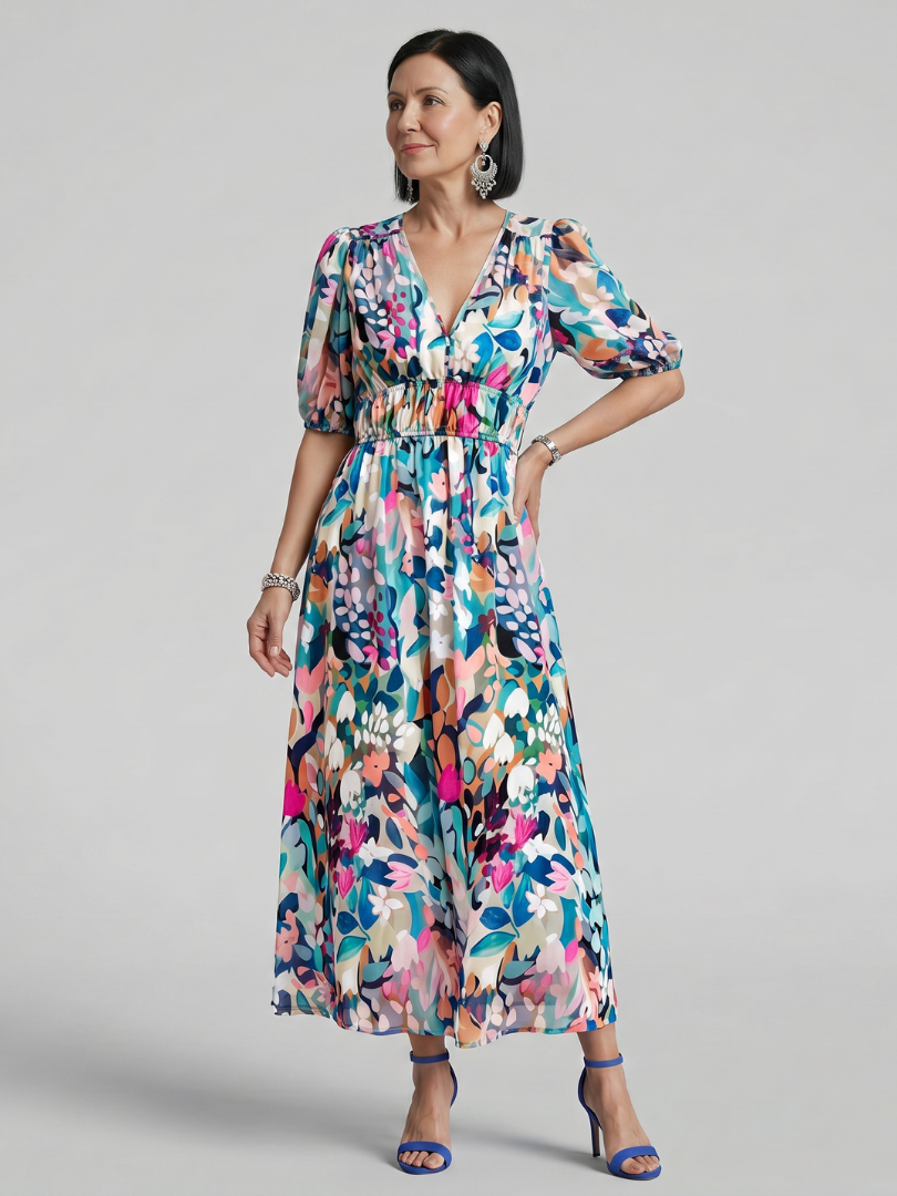 Dawn | Puff Sleeve Abstract Print Midi Dress
