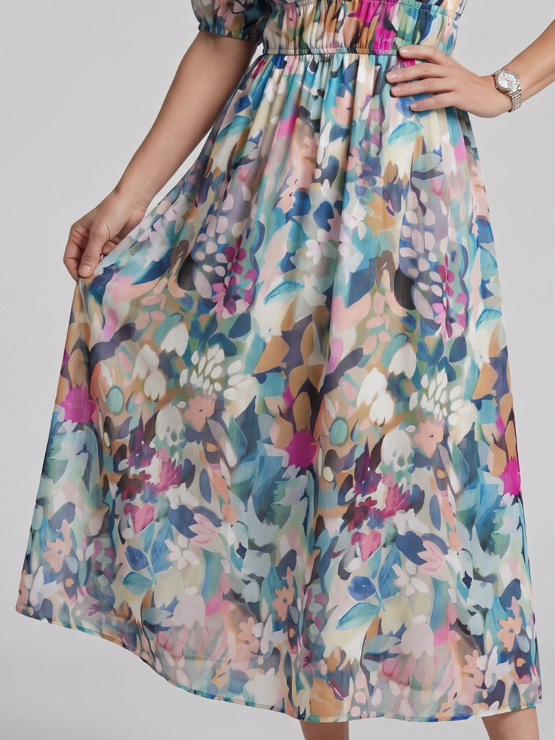 Dawn | Puff Sleeve Abstract Print Midi Dress