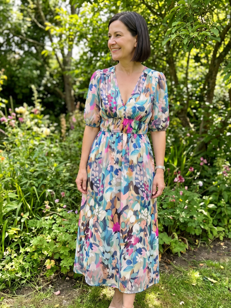 Dawn | Puff Sleeve Abstract Print Midi Dress