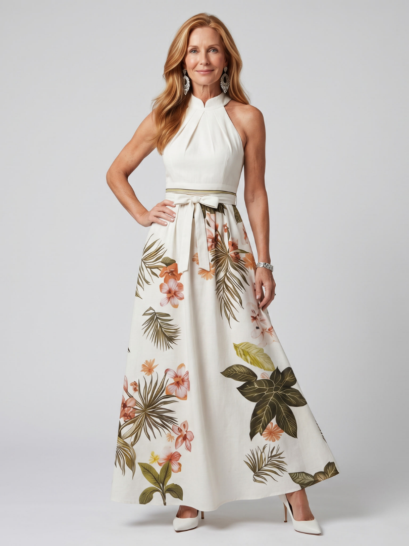Edna | White Botanical Halter Maxi Dress