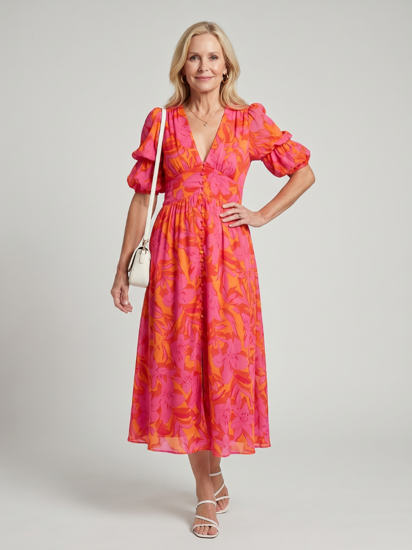 Zarelle | Puff Sleeve Floral Midi Dress