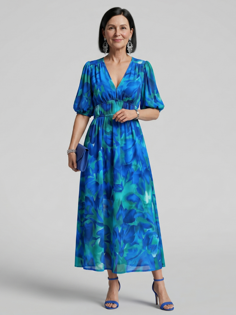 Dawn | Puff Sleeve Abstract Print Midi Dress