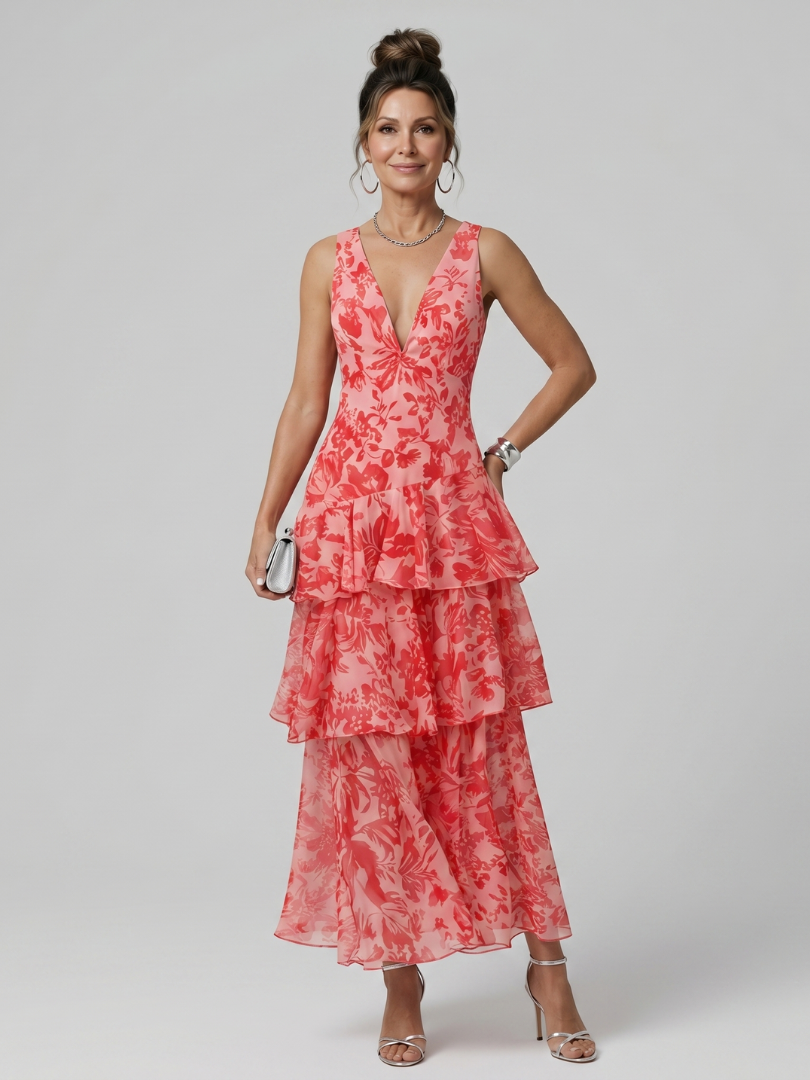 Gala | Deep V Painterly Print Midi Dress