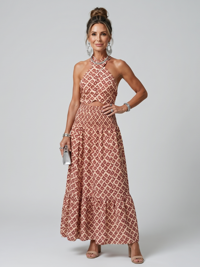 Amira | Cross Halter Geometric Midi Dress