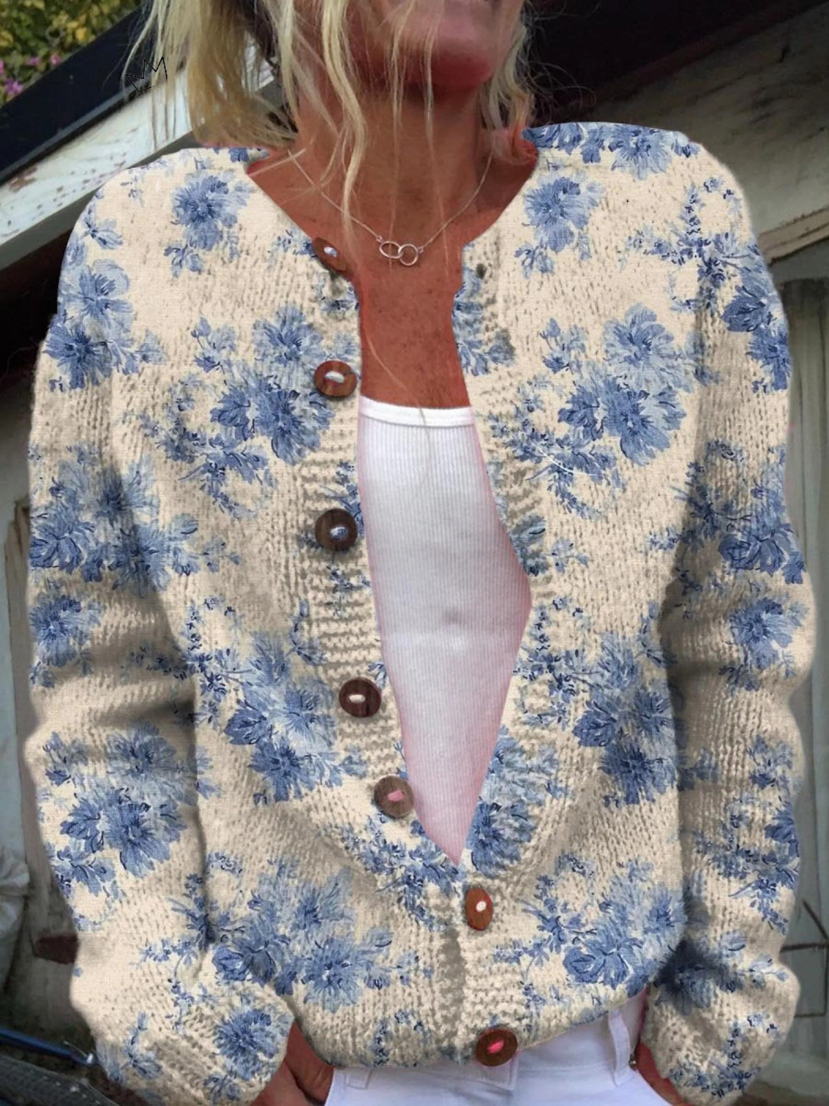 Ivorie | Blue Botanical Knit Cardigan