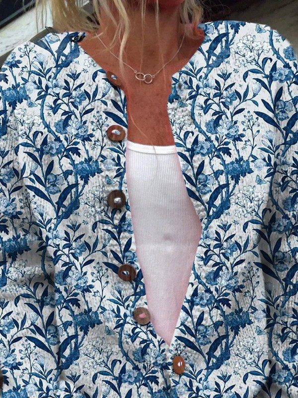 Novelle | Indigo Floral Button-Front Cardigan