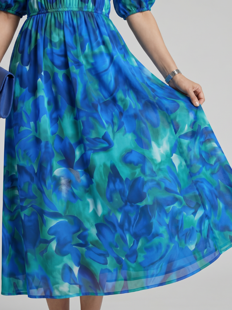 Dawn | Puff Sleeve Abstract Print Midi Dress