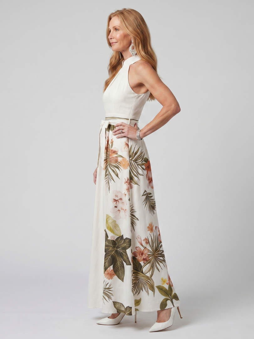 Edna | White Botanical Halter Maxi Dress