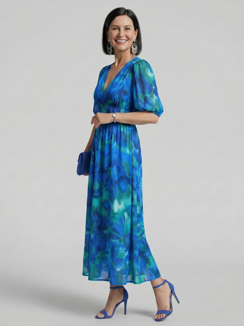 Dawn | Puff Sleeve Abstract Print Midi Dress