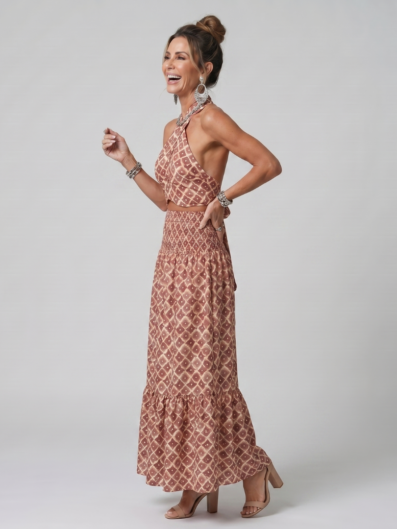Amira | Cross Halter Geometric Midi Dress
