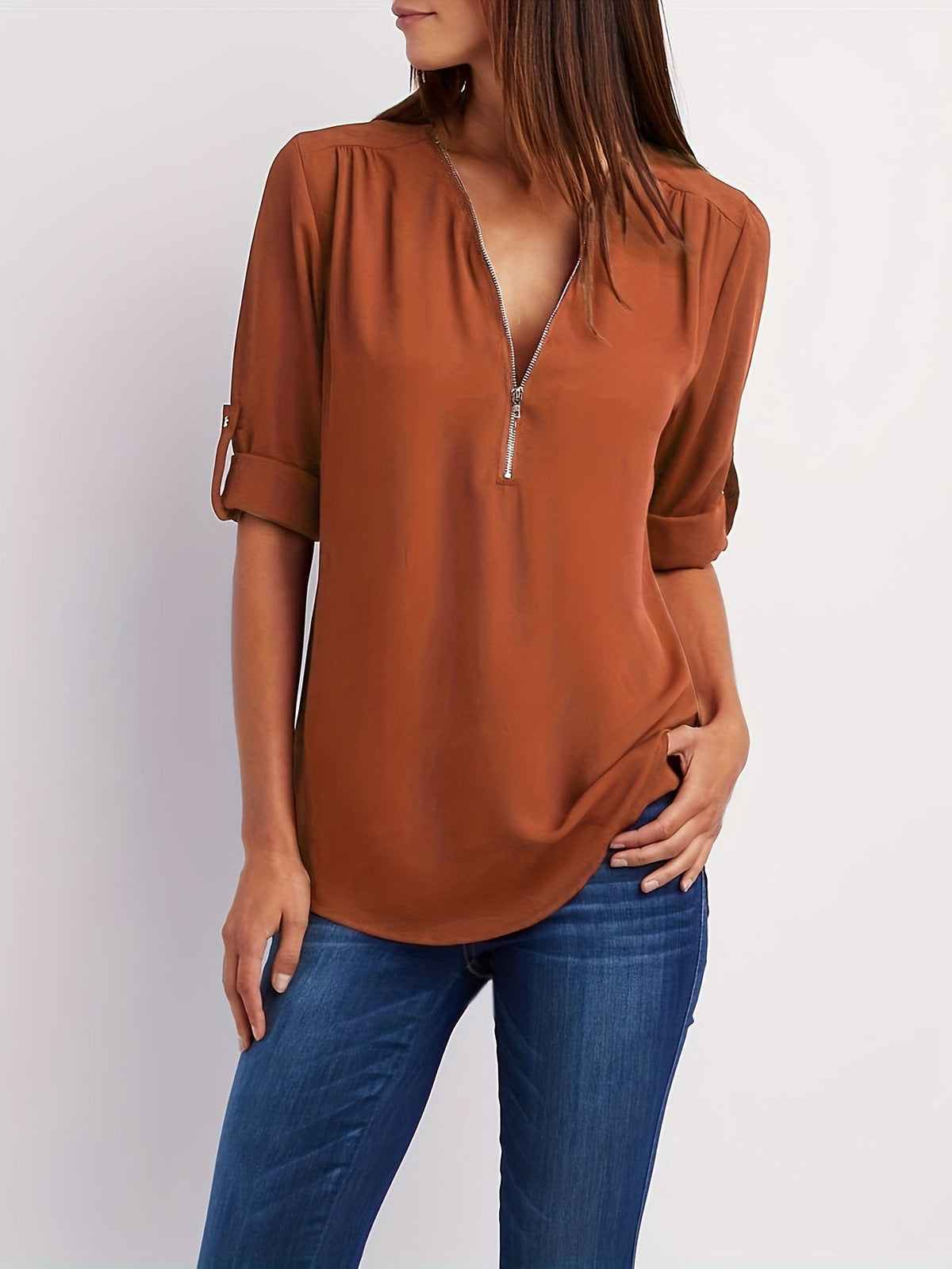 Ariana | Zip-Front V-Neck Blouse