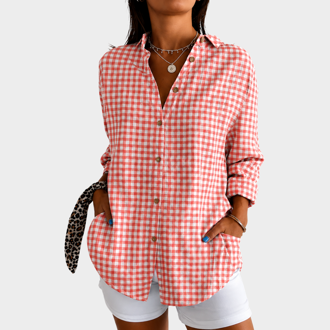 Suzanne | Coral Check Button-Front Blouse