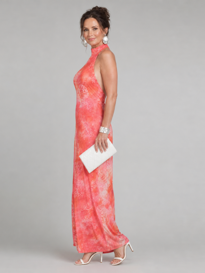 Coraline | Orange Print Halter Maxi Dress