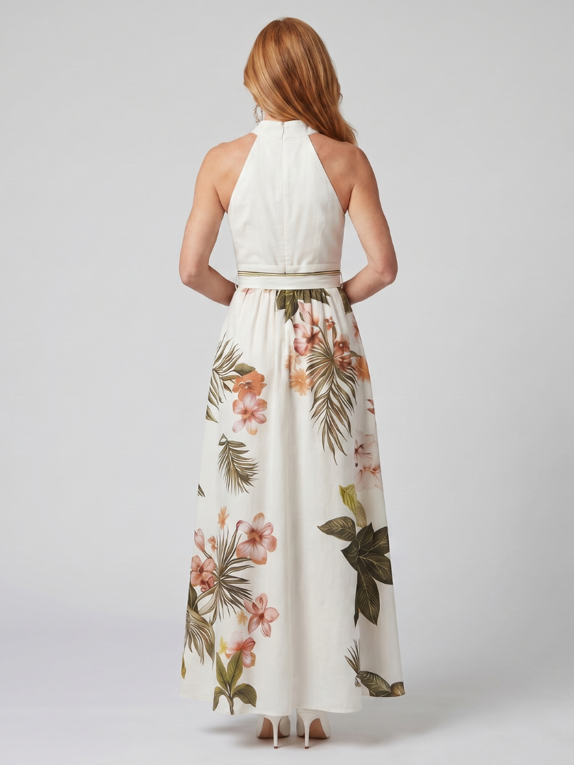 Edna | White Botanical Halter Maxi Dress