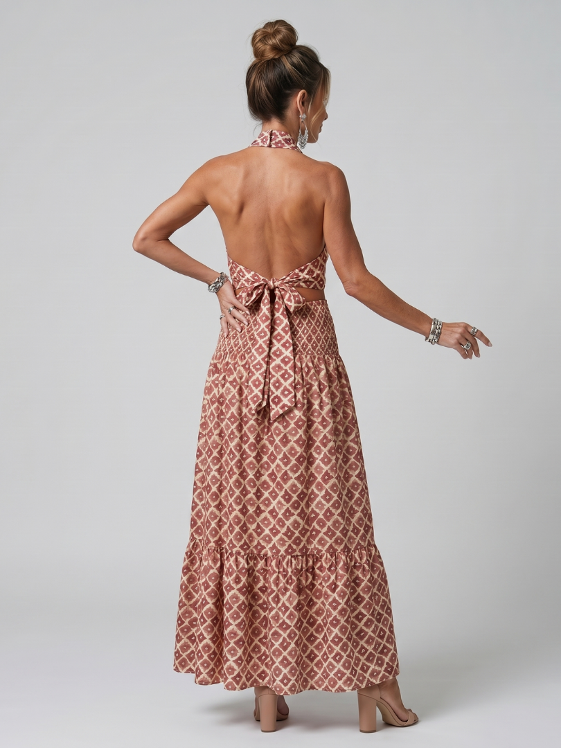 Amira | Cross Halter Geometric Midi Dress