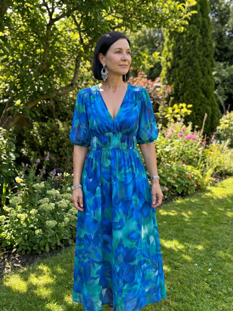 Dawn | Puff Sleeve Abstract Print Midi Dress