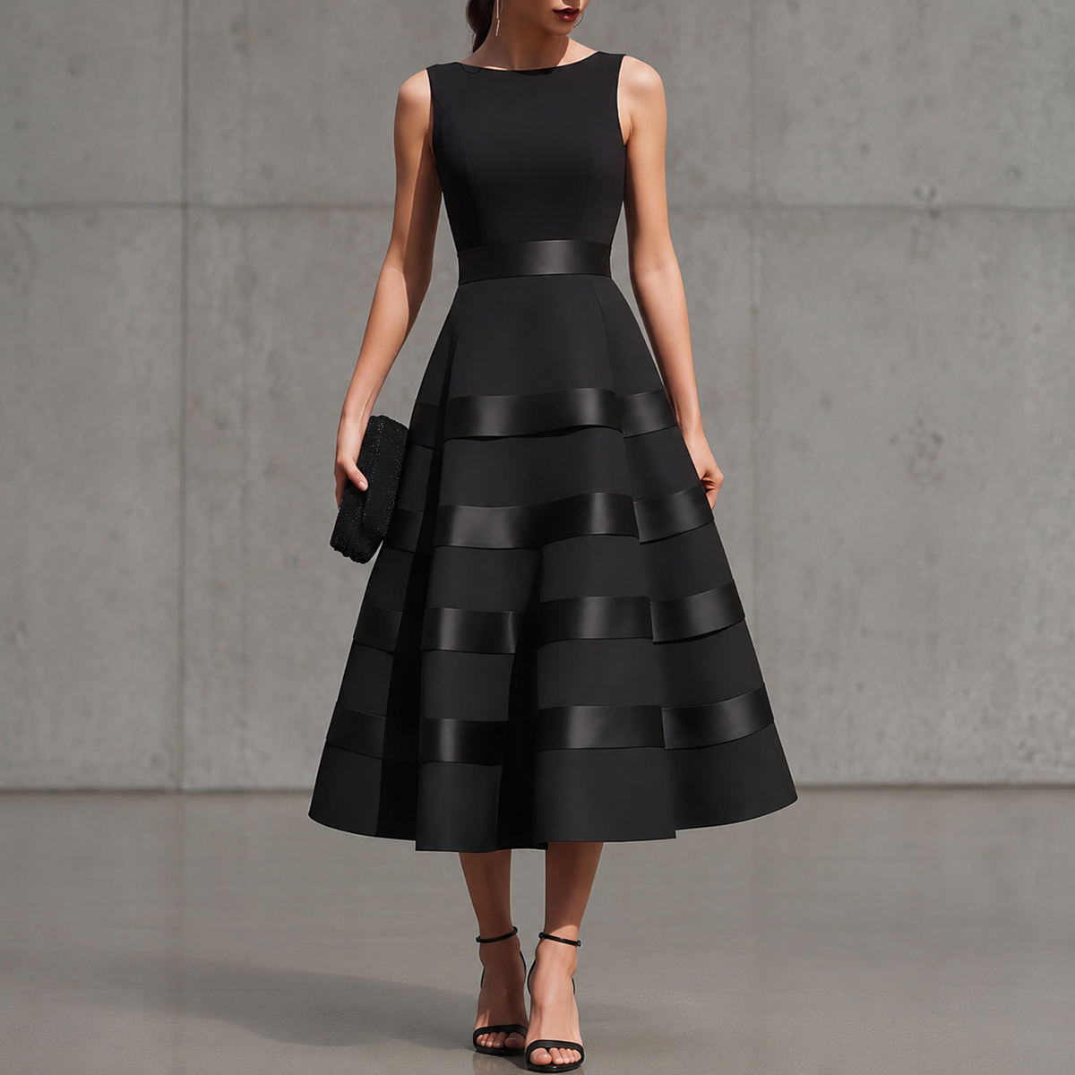 Annabella | Black Sleeveless Flared Midi Dress