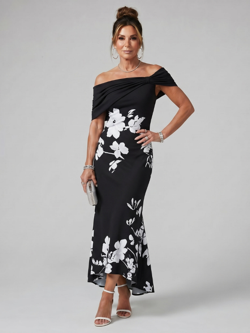 Cosma | Off Shoulder Draped Midi Dress