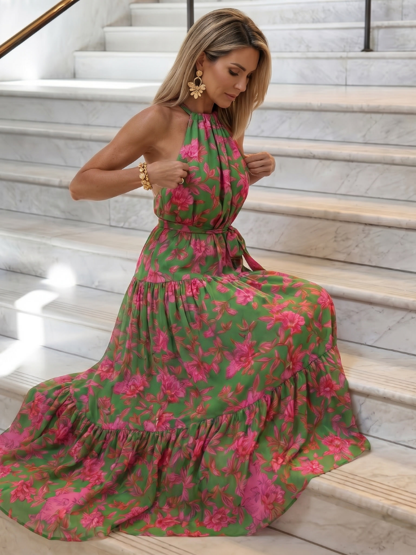 Denise | Draped Halter Tiered Midi Dress