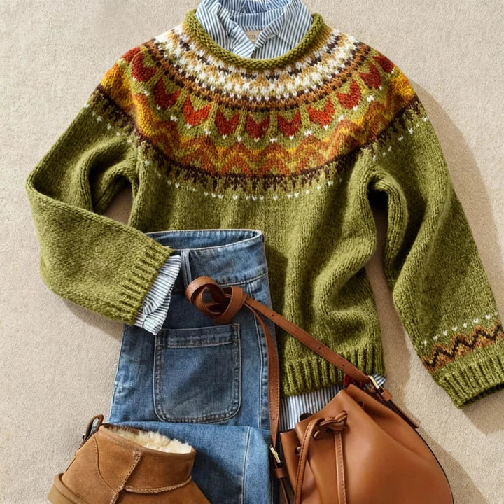 Jasmine | Green Patterned Knit Sweater