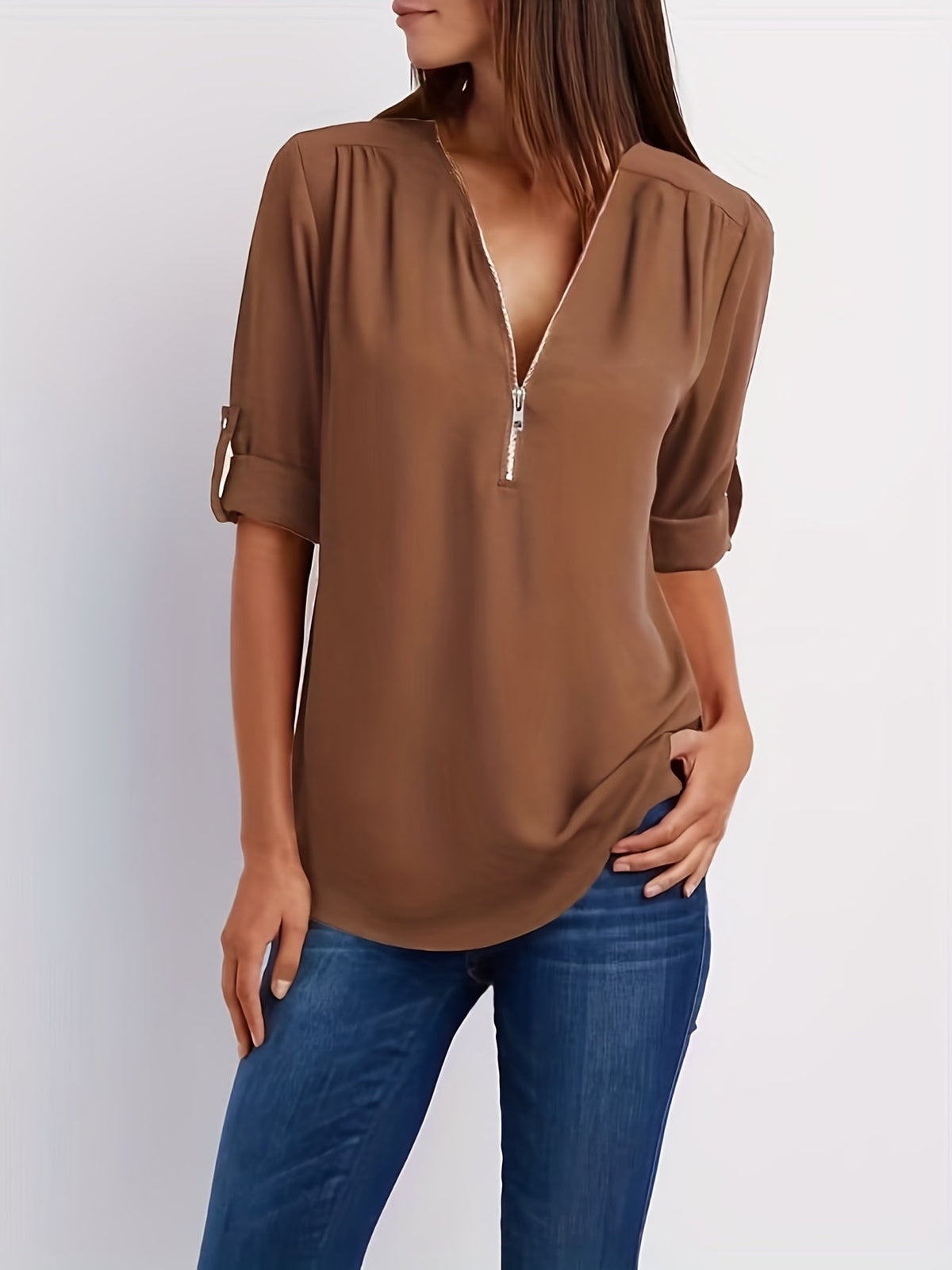 Ariana | Zip-Front V-Neck Blouse