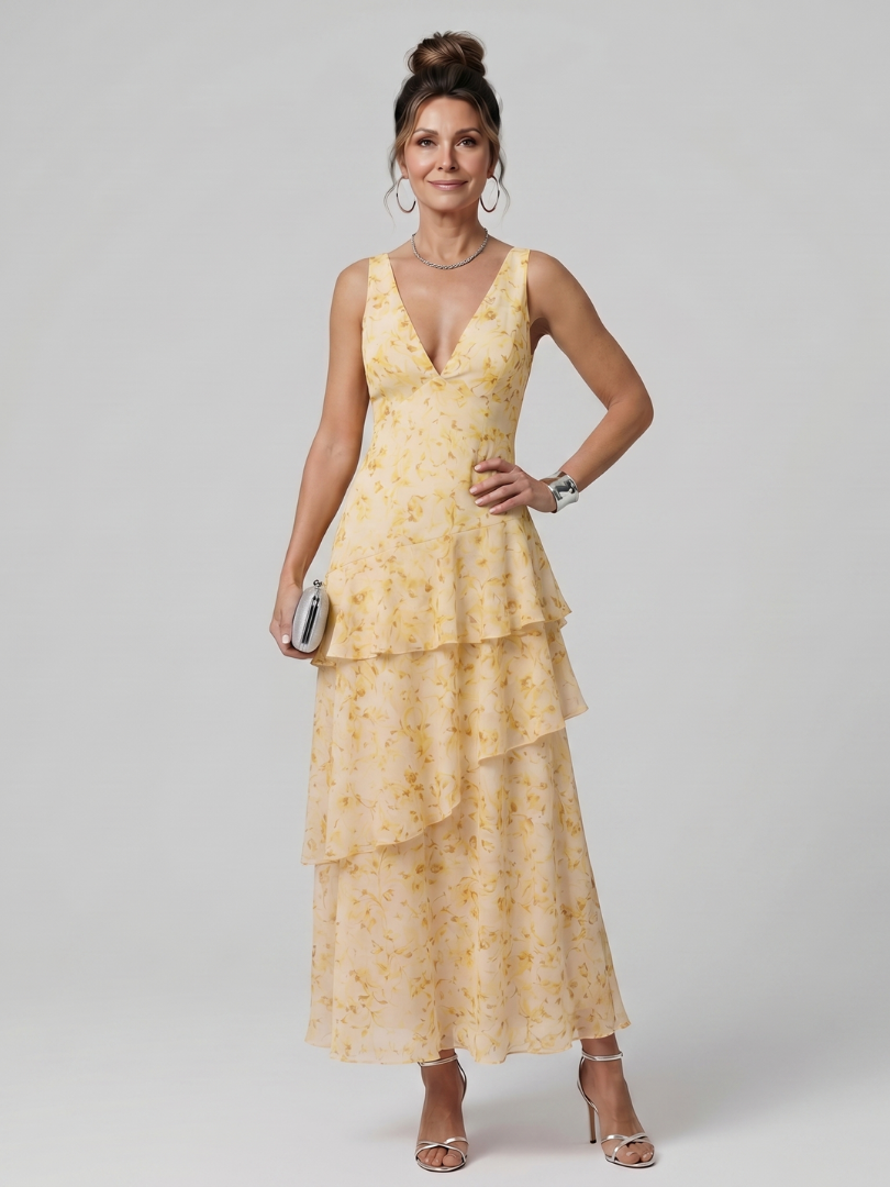Gala | Deep V Painterly Print Midi Dress