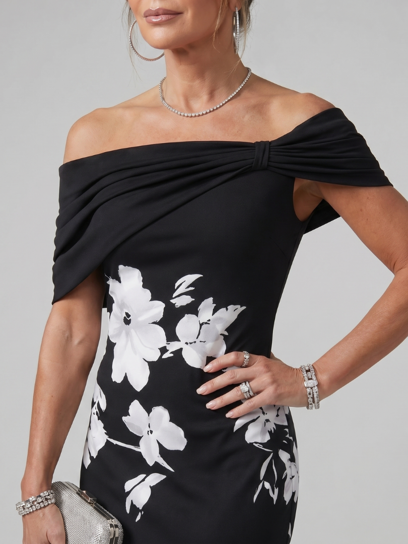 Cosma | Off Shoulder Draped Midi Dress
