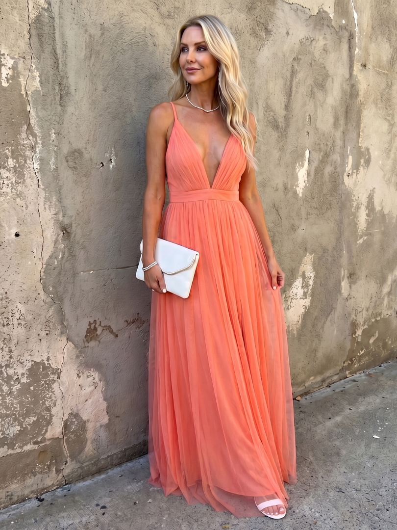 Tia | Pleated V-Neck Maxi Dress