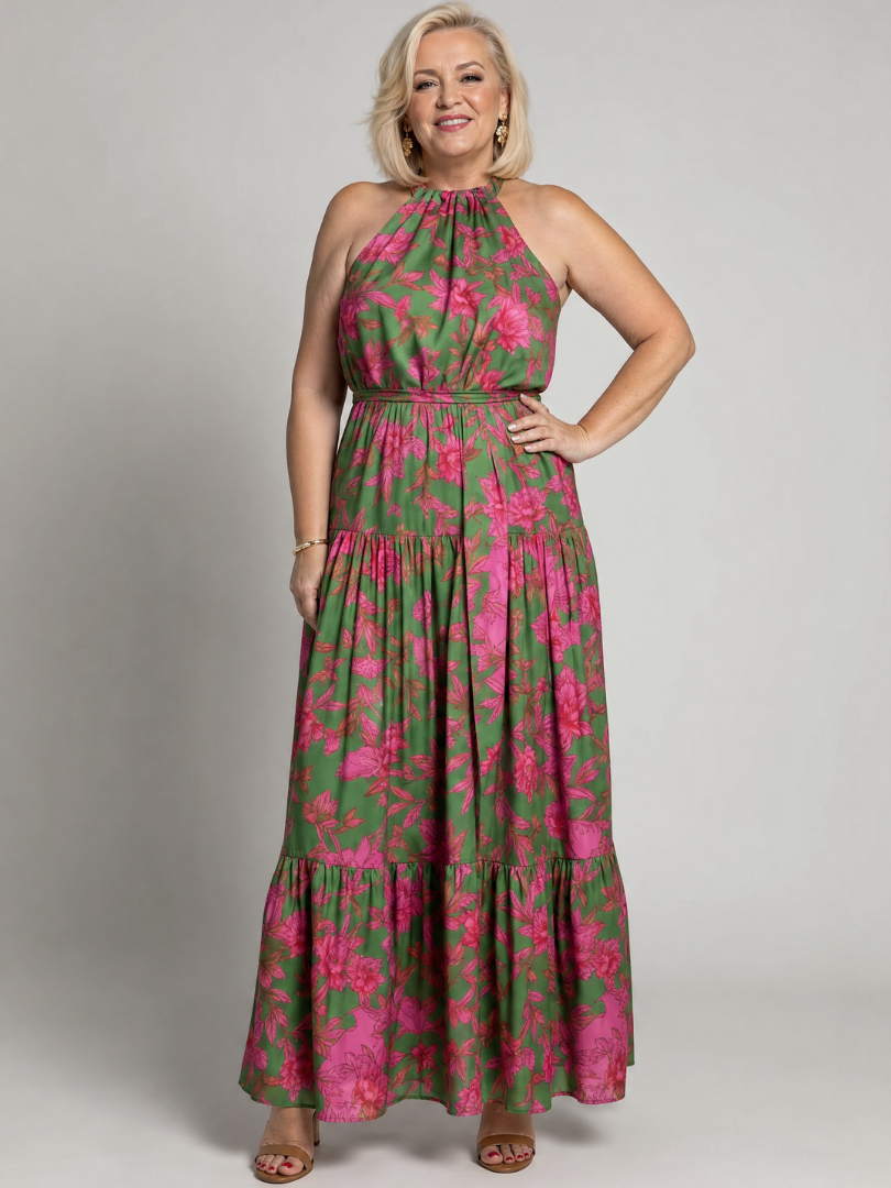 Denise | Draped Halter Tiered Midi Dress