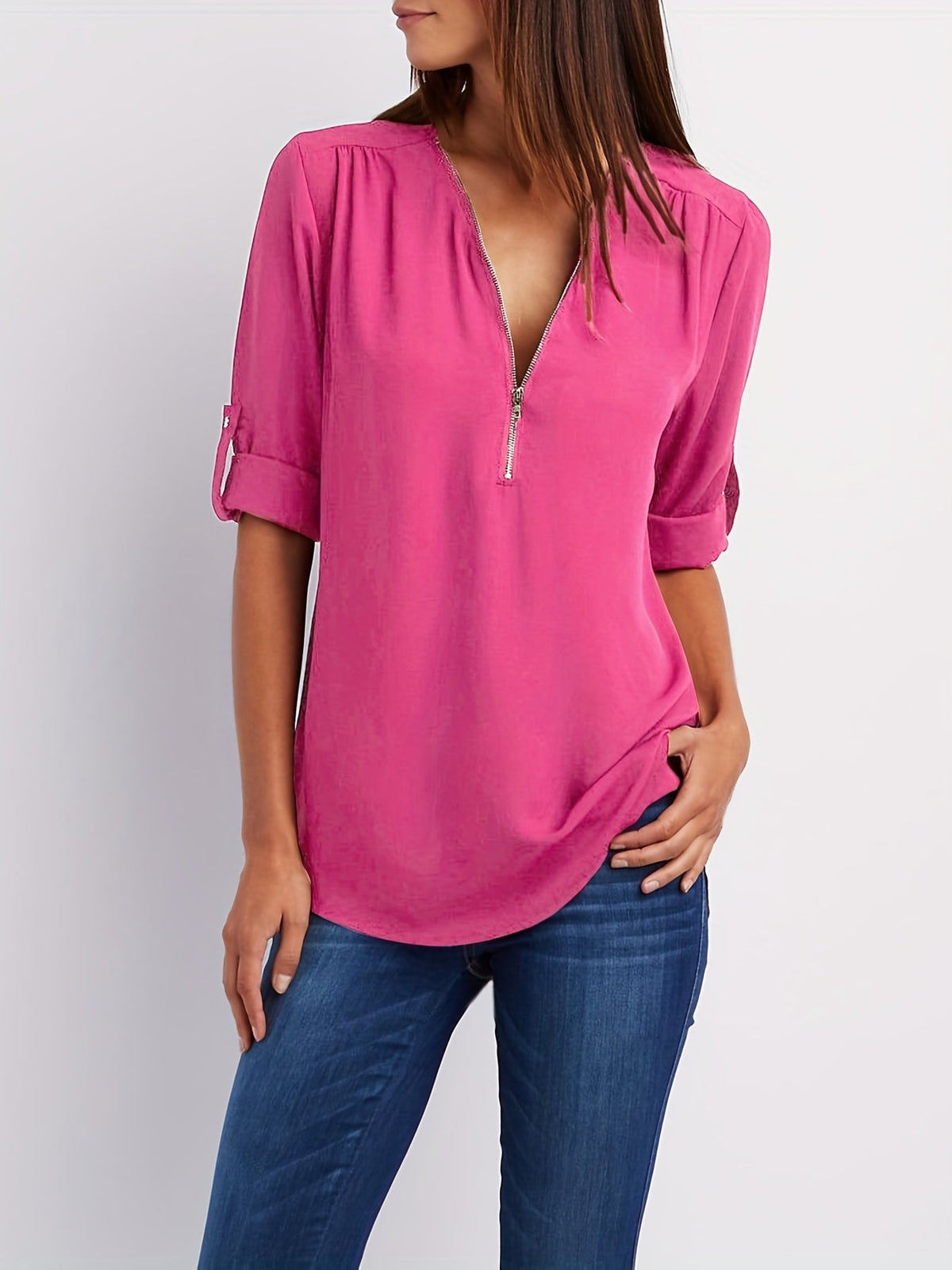 Ariana | Zip-Front V-Neck Blouse