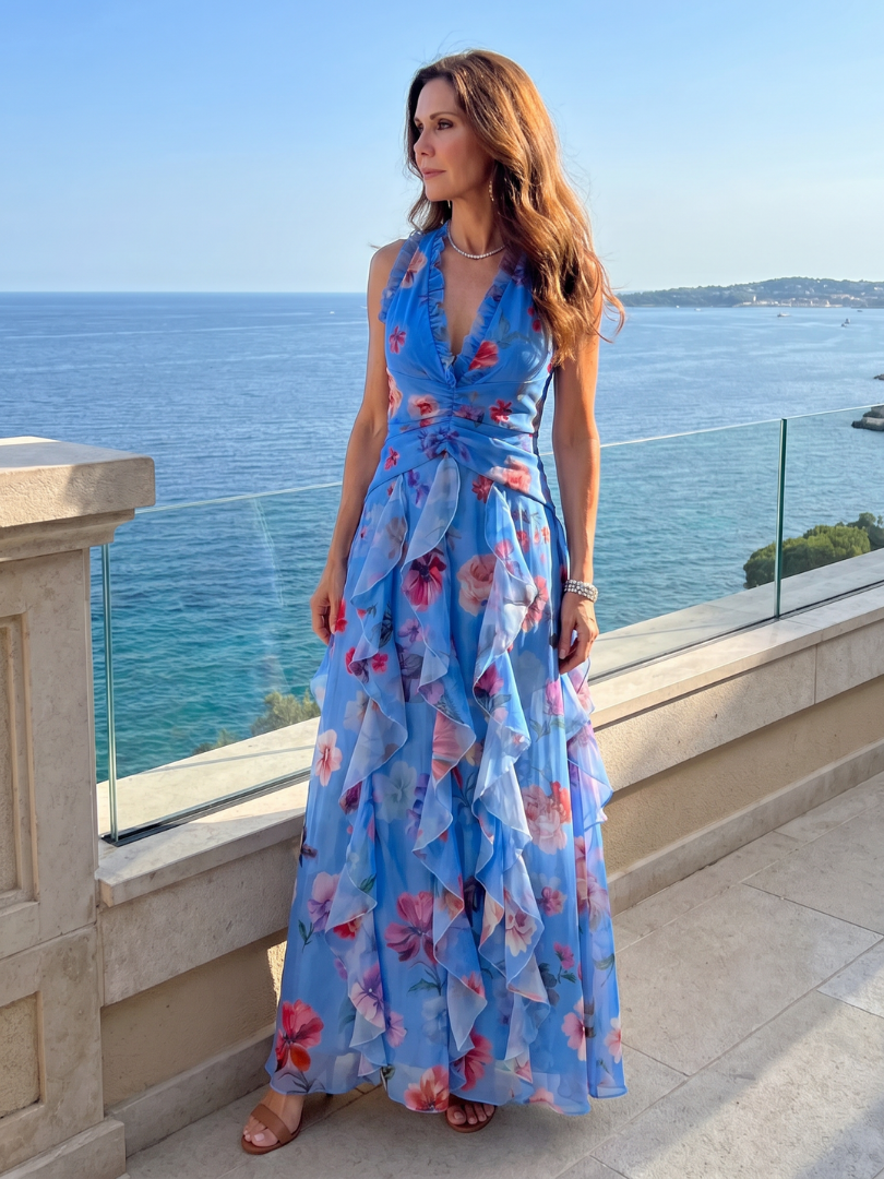 Nori | Halter Ruffle Floral Maxi Dress