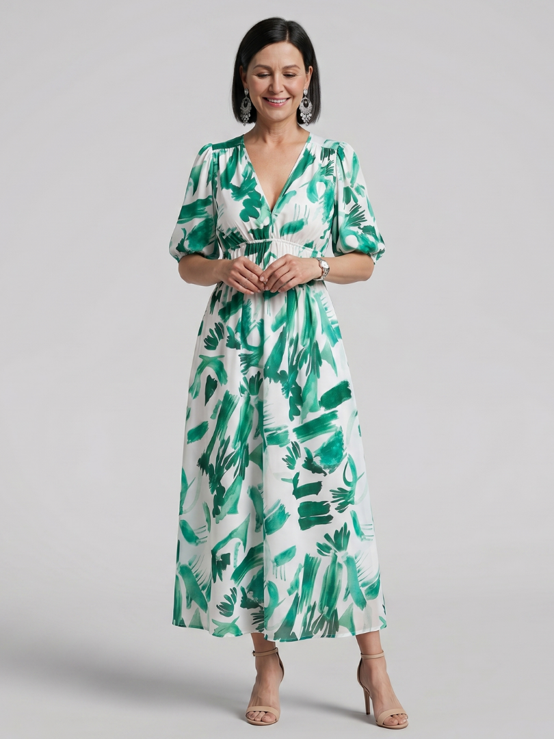 Dawn | Puff Sleeve Abstract Print Midi Dress