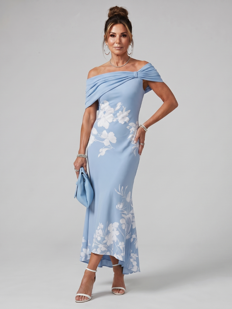 Cosma | Off Shoulder Draped Midi Dress