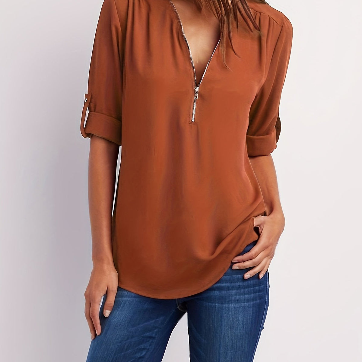 Ariana | Zip-Front V-Neck Blouse