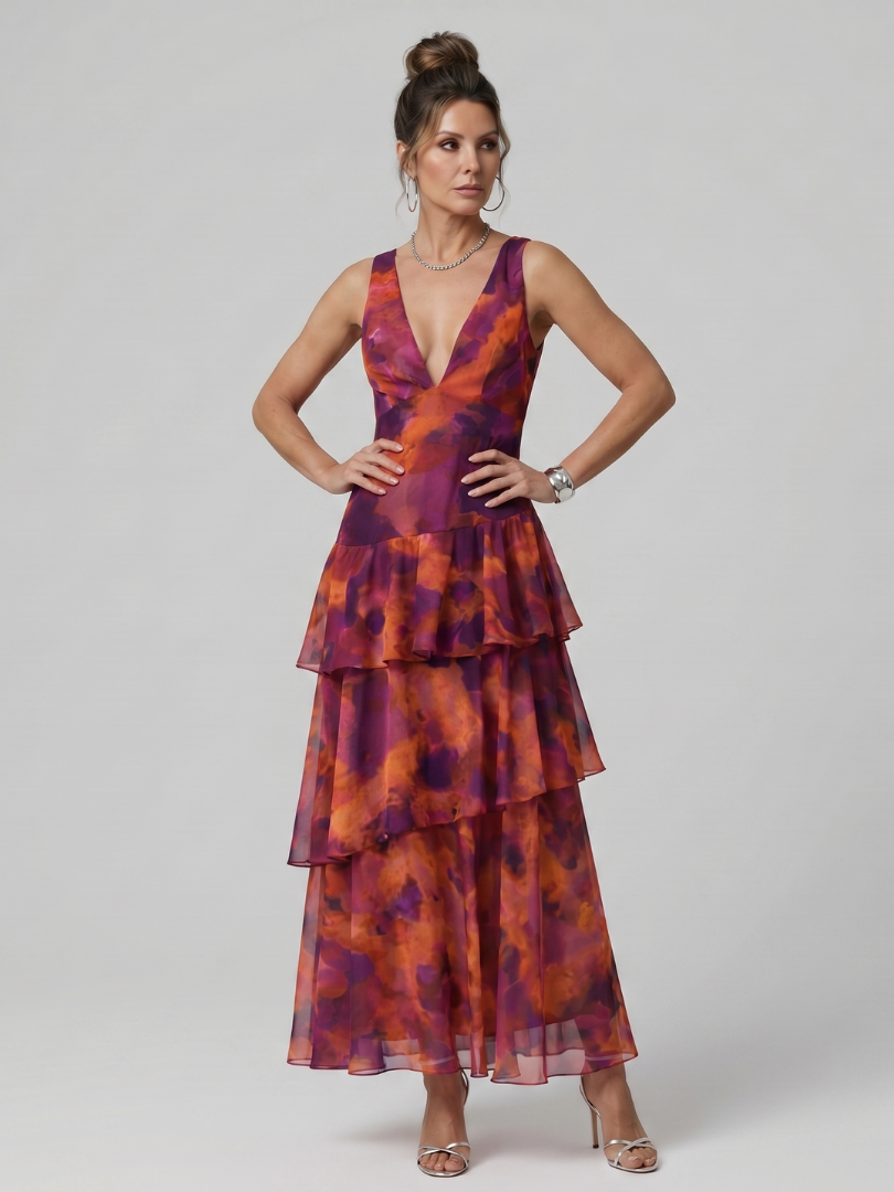 Gala | Deep V Painterly Print Midi Dress