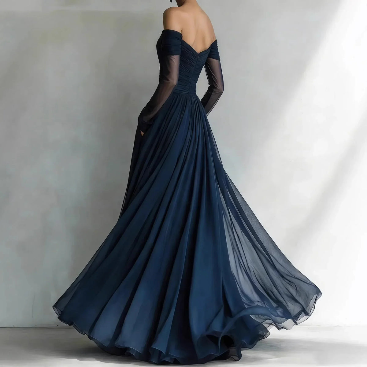 Ethel | Navy Off-Shoulder Pleated Gown