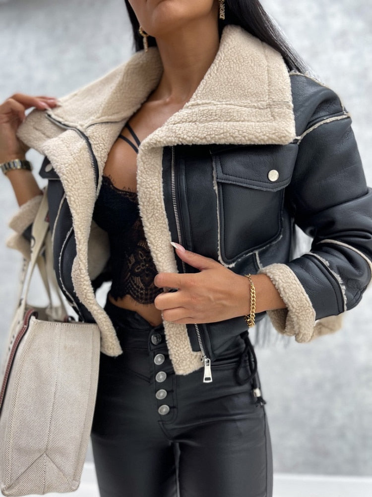 Audrey | Faux Leather Plush-Trim Jacket