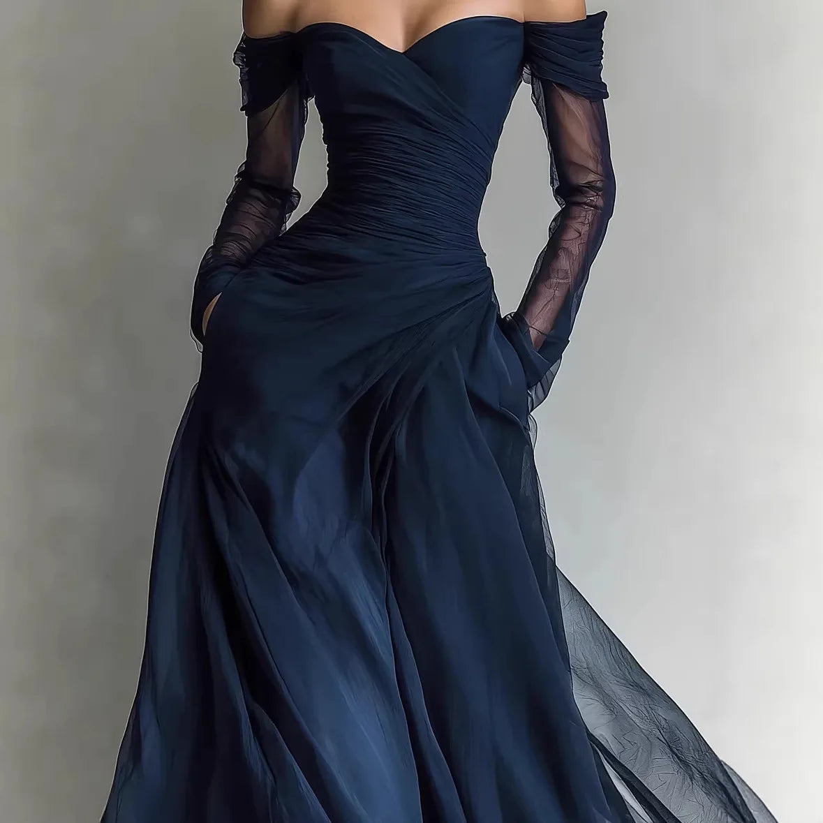 Ethel | Navy Off-Shoulder Pleated Gown