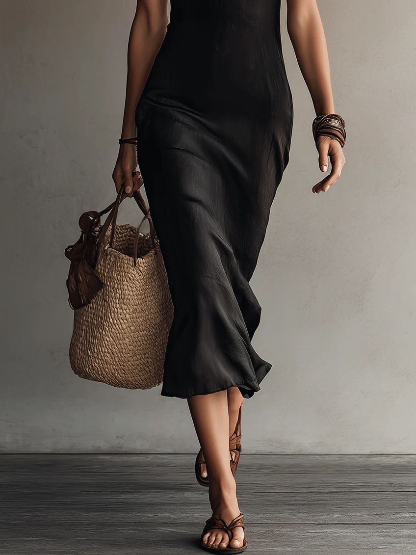 Adriana | Black Sleeveless Lace-Trim Midi Dress
