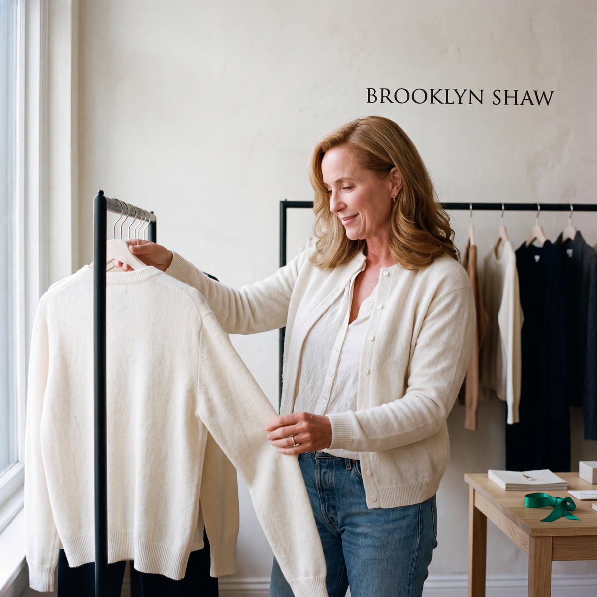 Brooklyn Shaw brand image featuring an ivory knit and everyday layers