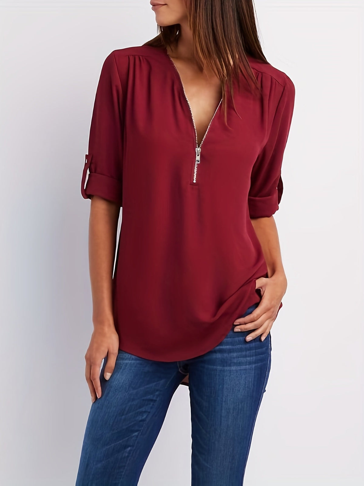 Ariana | Zip-Front V-Neck Blouse