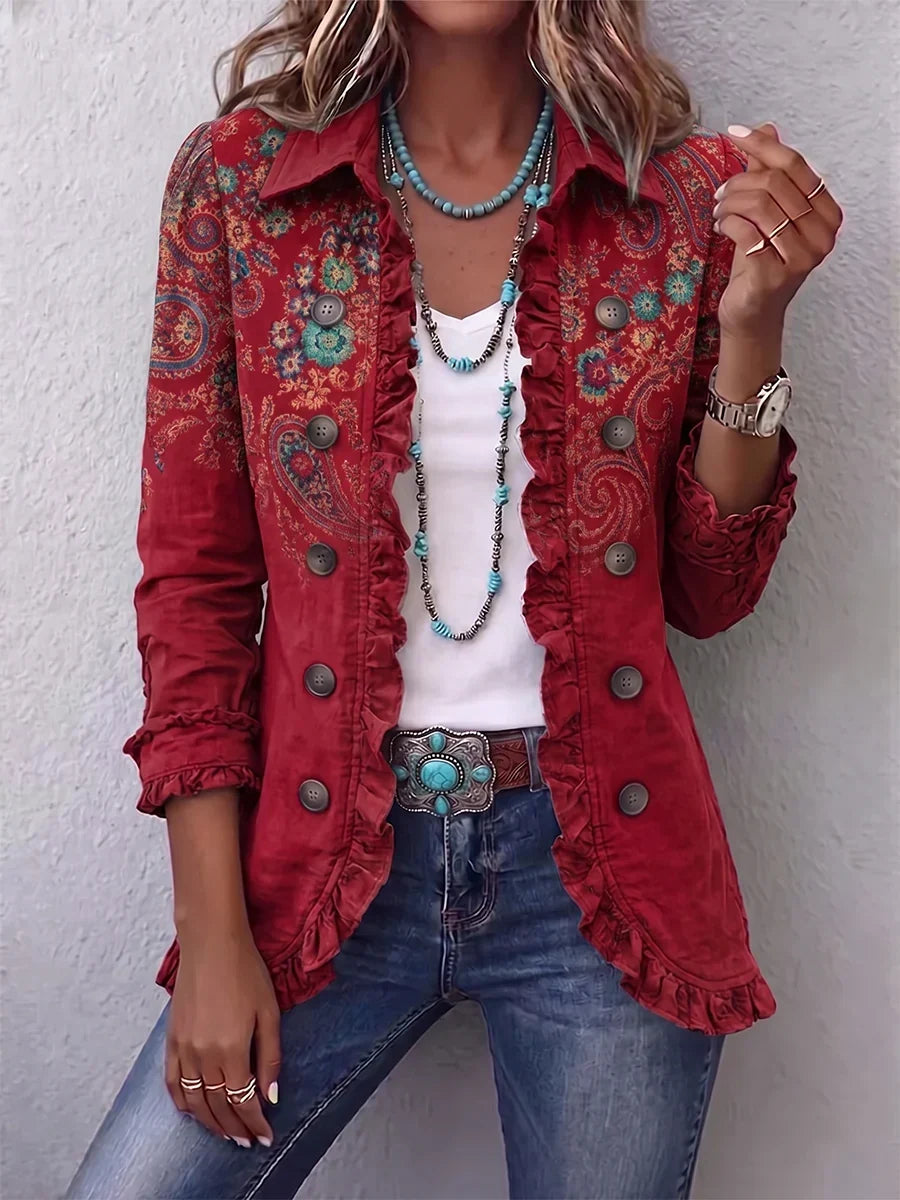 Fayrene | Red Paisley Ruffle Jacket