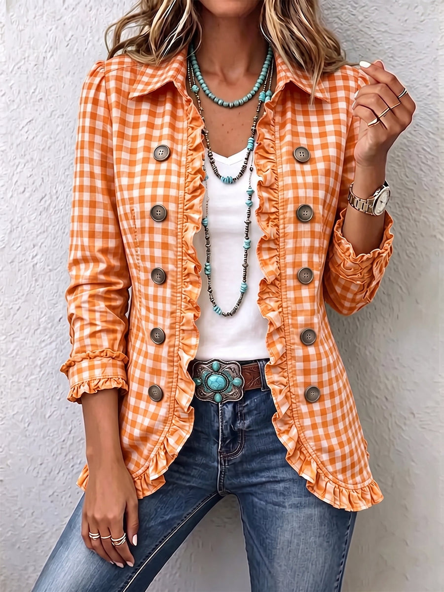 Kay | Gingham Ruffle Button-Down Jacket