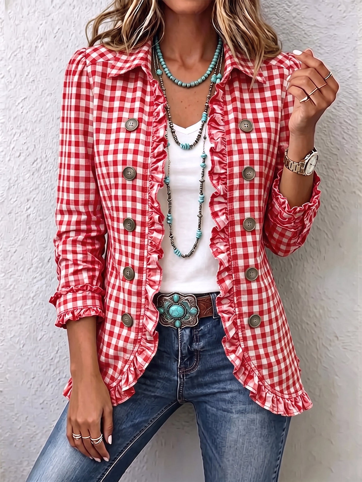 Kay | Gingham Ruffle Button-Down Jacket