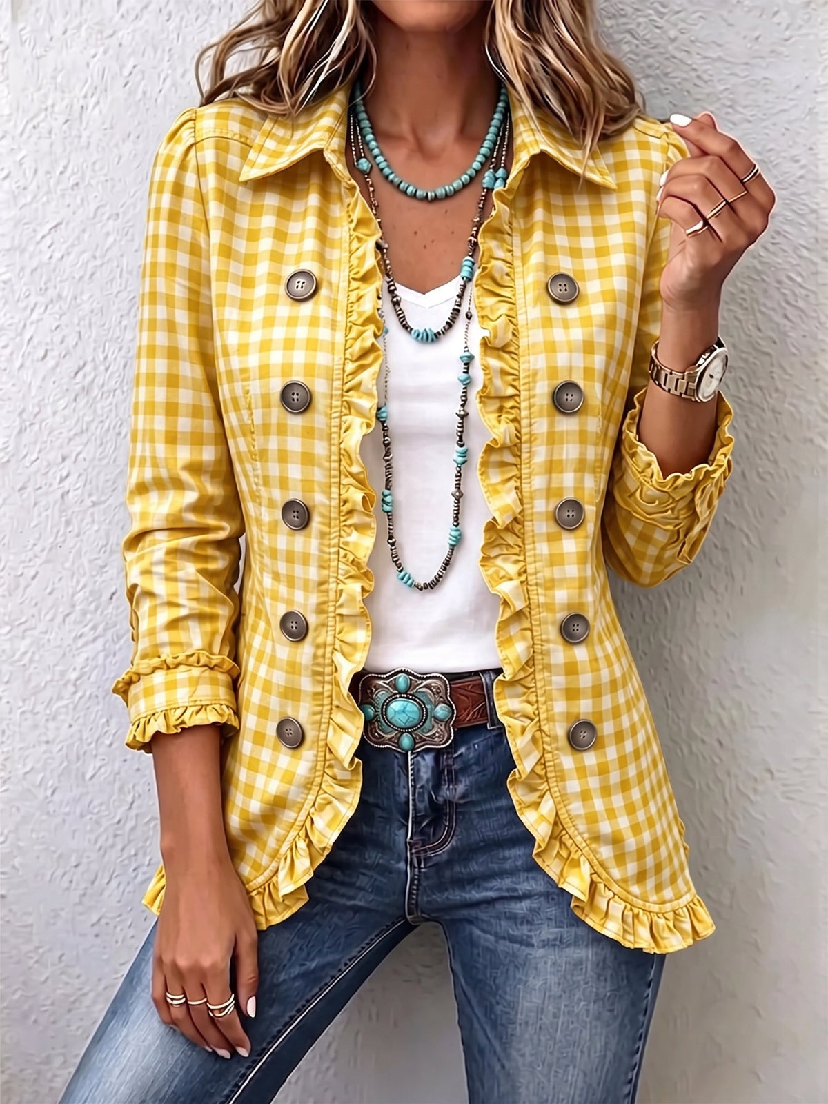Kay | Gingham Ruffle Button-Down Jacket