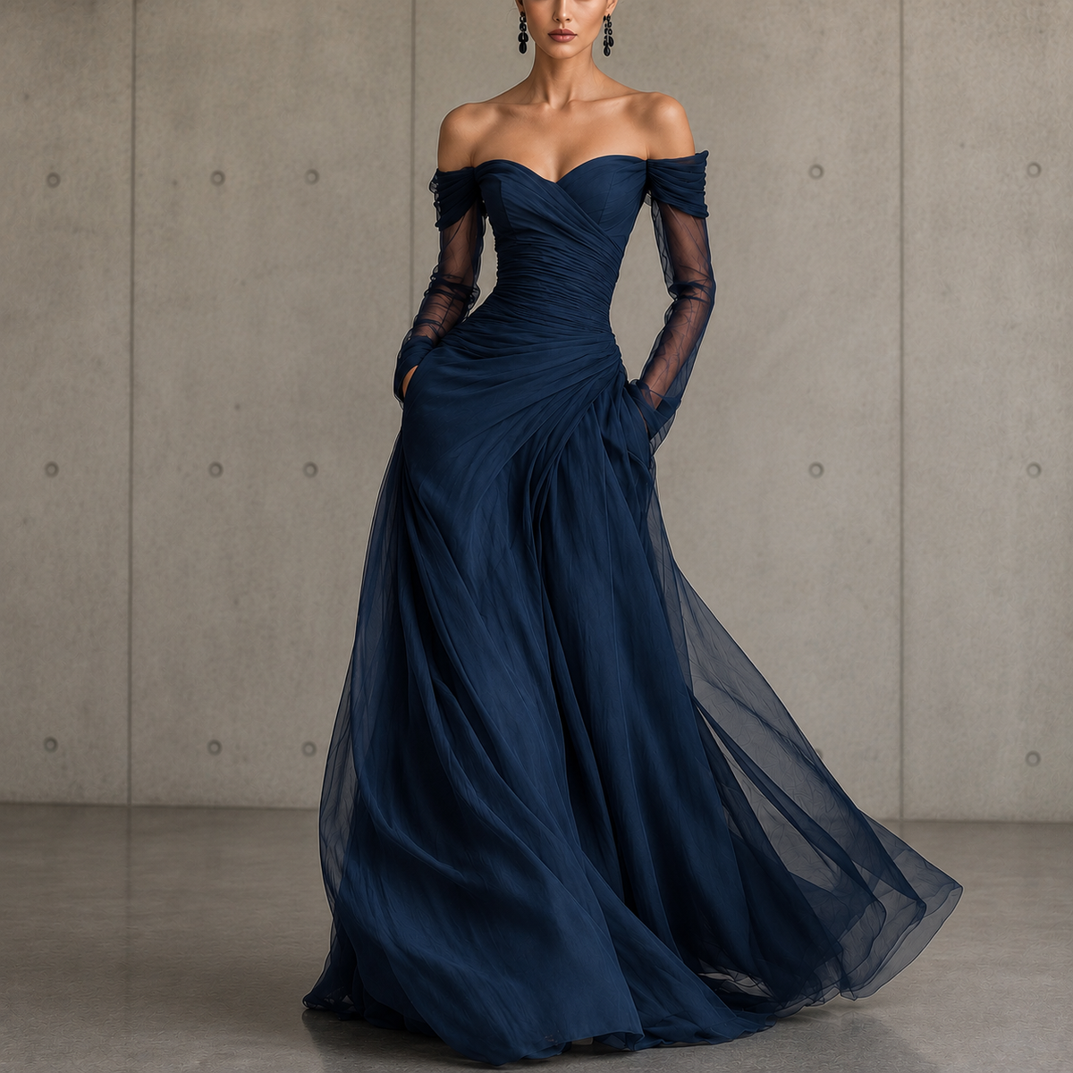 Ethel | Navy Off-Shoulder Pleated Gown